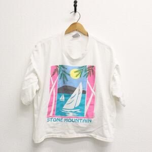 Vintage Stone Mountain Lake Sailboat Crop Top T Shirt XL